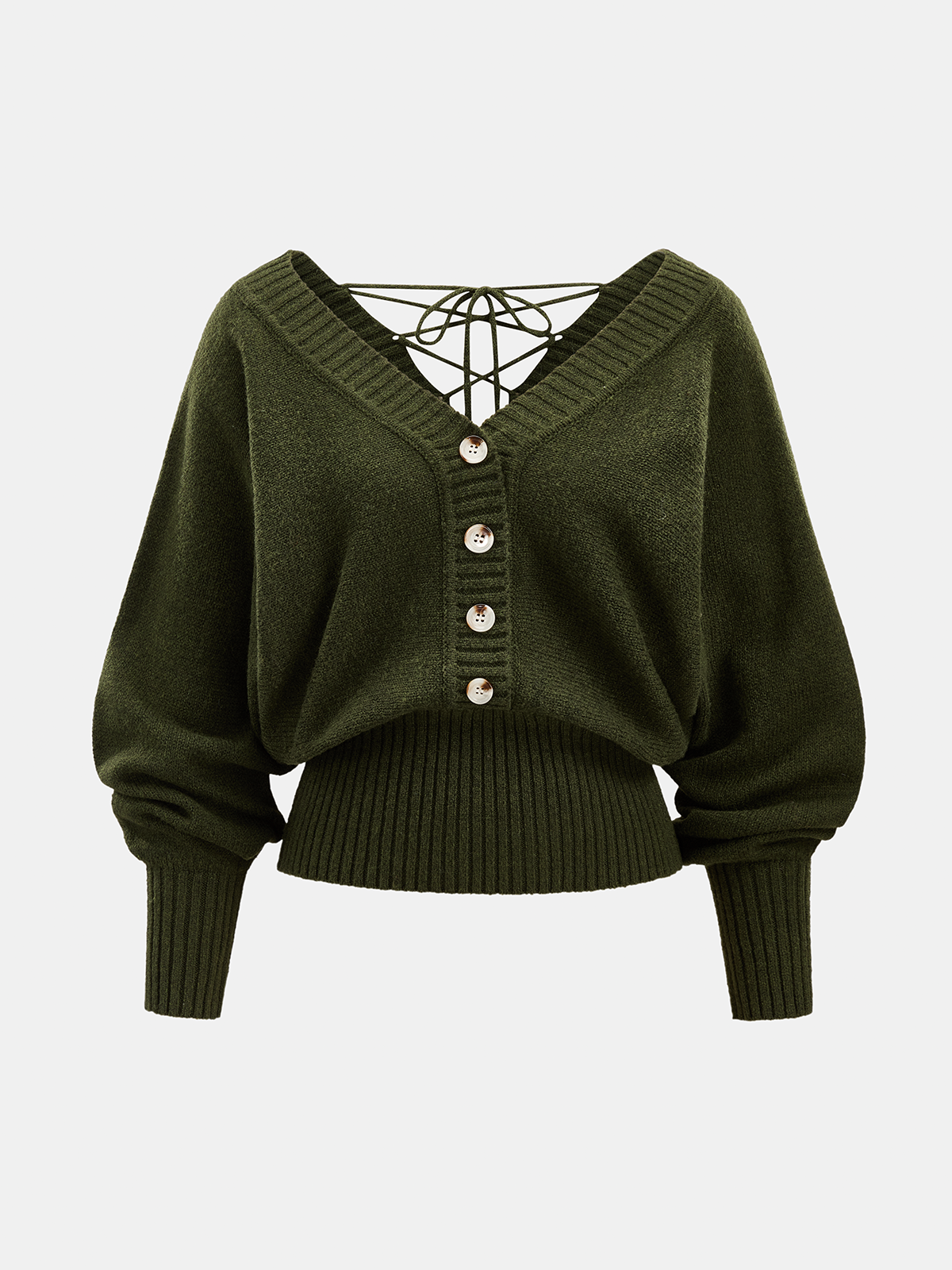 Lace‑Up Back V‑Neck Button Knit Sweater | COMMENSE