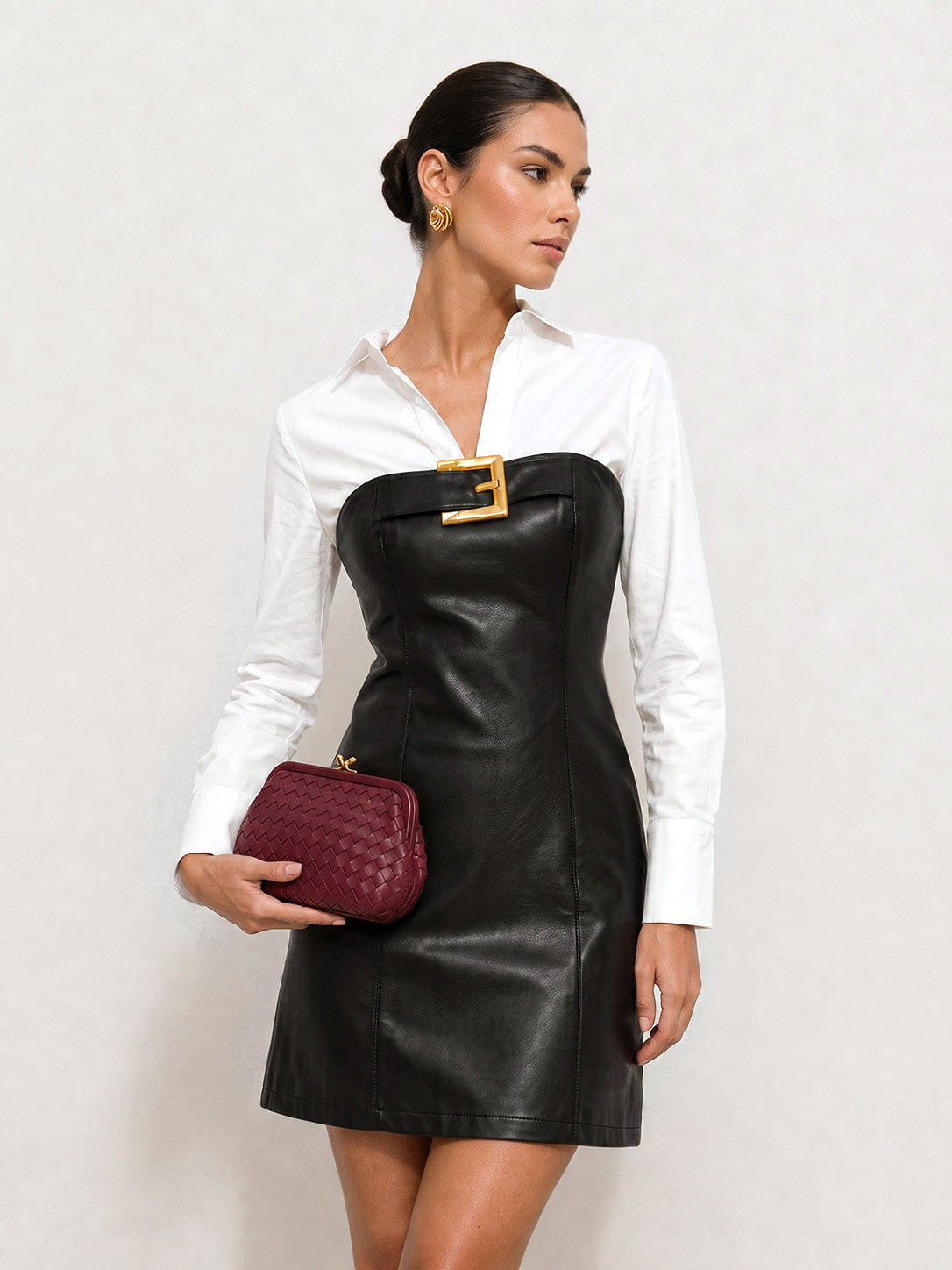 leather two piece dress Faux‑Leather & Shirt Two‑Piece Set burgundy leather dress outfit
