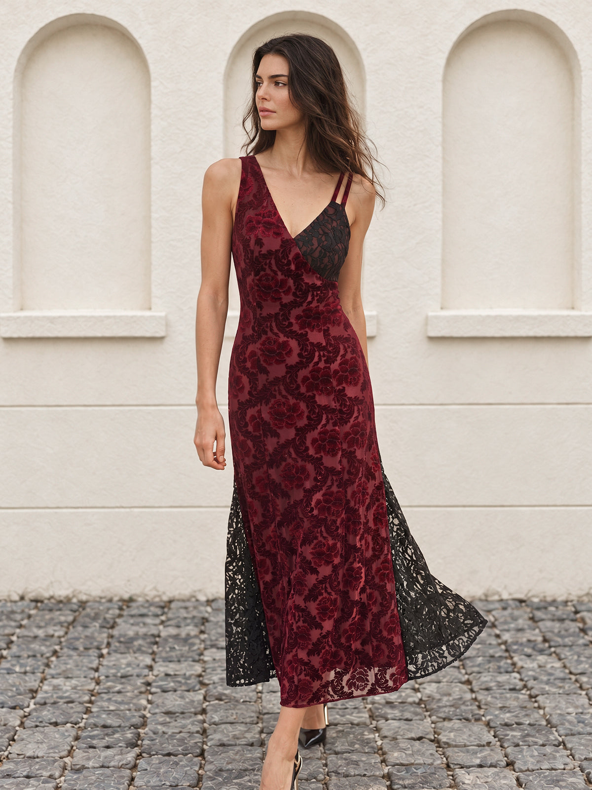 asymmetrical lace maxi dress Strap Flocked Floral Featuring a sophisticated asymmetrical Confidently Wear Backless Dresses A-line Size:9yrs Shona joy