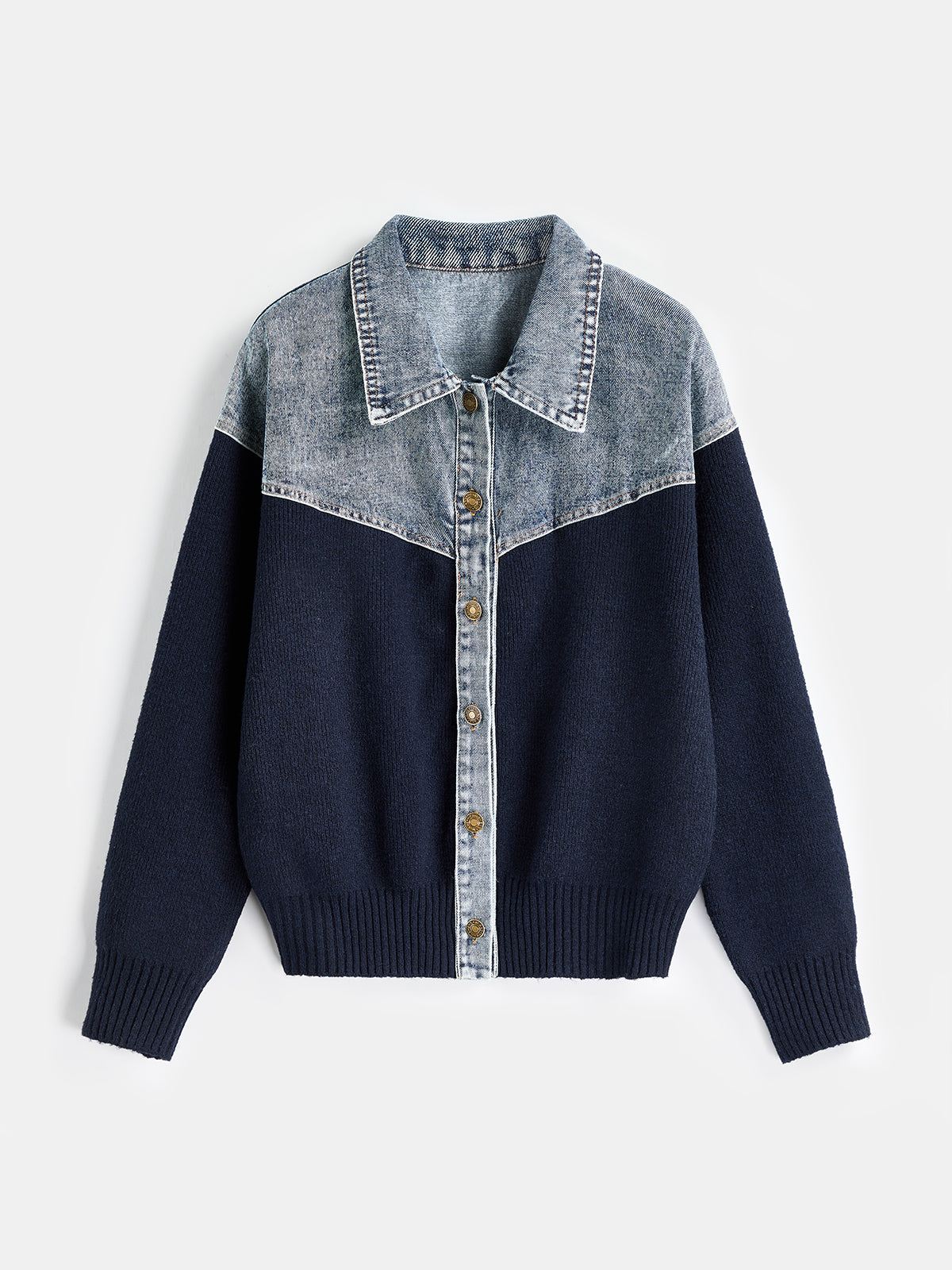 Denim Spliced Knit Button‑Up Cardigan | COMMENSE
