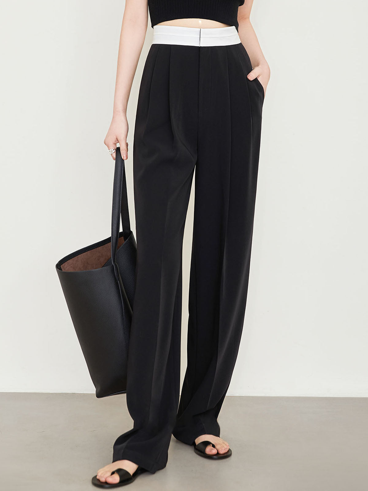 Black Contrast Waistband Wide Leg Trousers, Womens Trousers