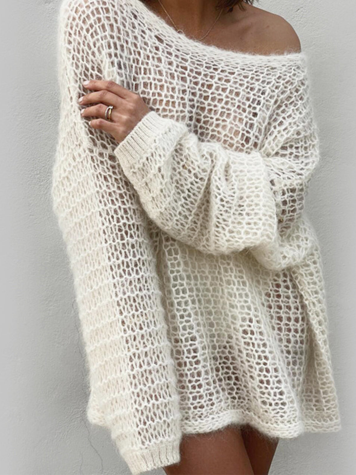 Boho White Oversized Scallop Open Knit store Cozy Sweater