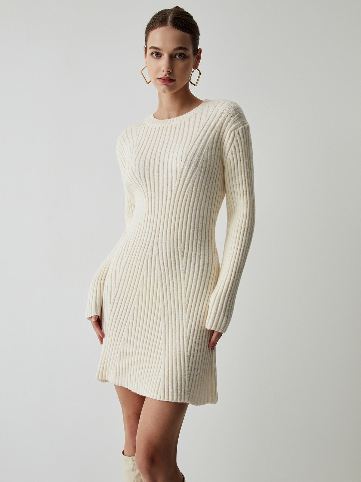 Cream Rib Long Sleeve Short Sweater Dress