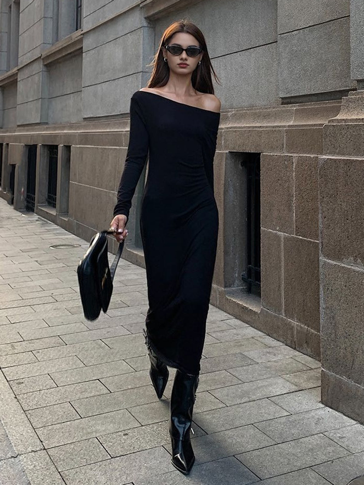Off Shoulder Ribbed Long Sleeve Knit Long Dress COMMENSE