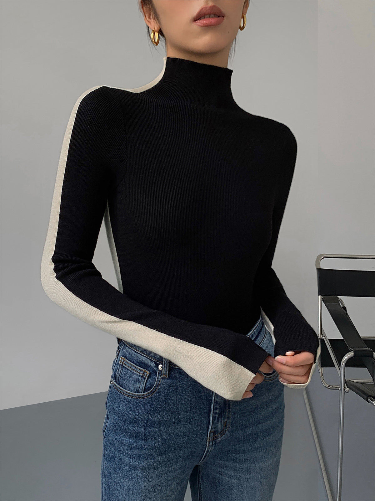 Two Tone Double Sided Long Sleeve Knit Top