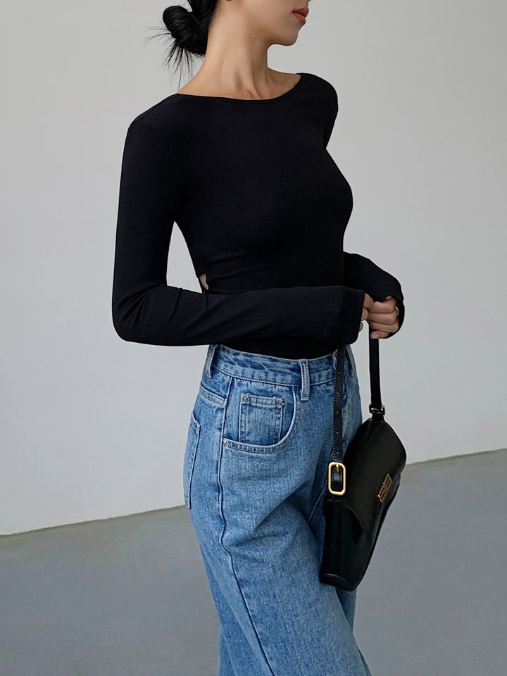【 BOHEMSEO 】V NECK BACK HOLE LONG SLEEVE ZXZY Women Long Sleeve V Neck Hollow Out Floral Print Shirt