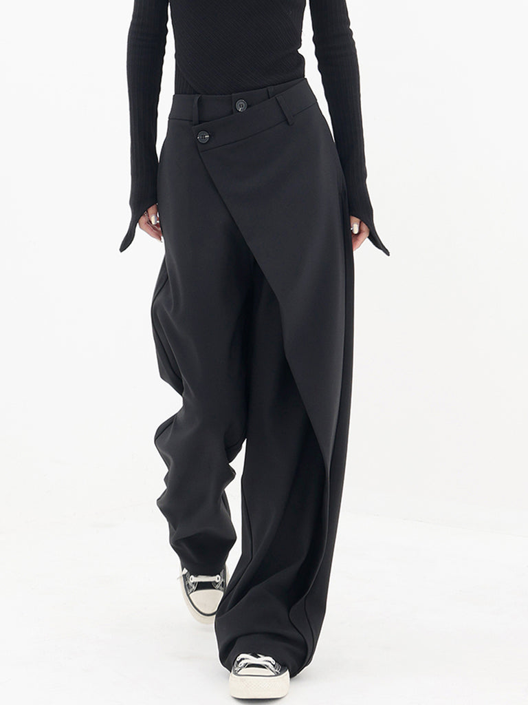 Asymmetrical Layer Button Baggy Wide Leg Pants Tailored Wrap Trousers - Black - M Asymmetrical Layer Button Baggy Wide Leg Pants Tailored Wrap Trousers - Black - M