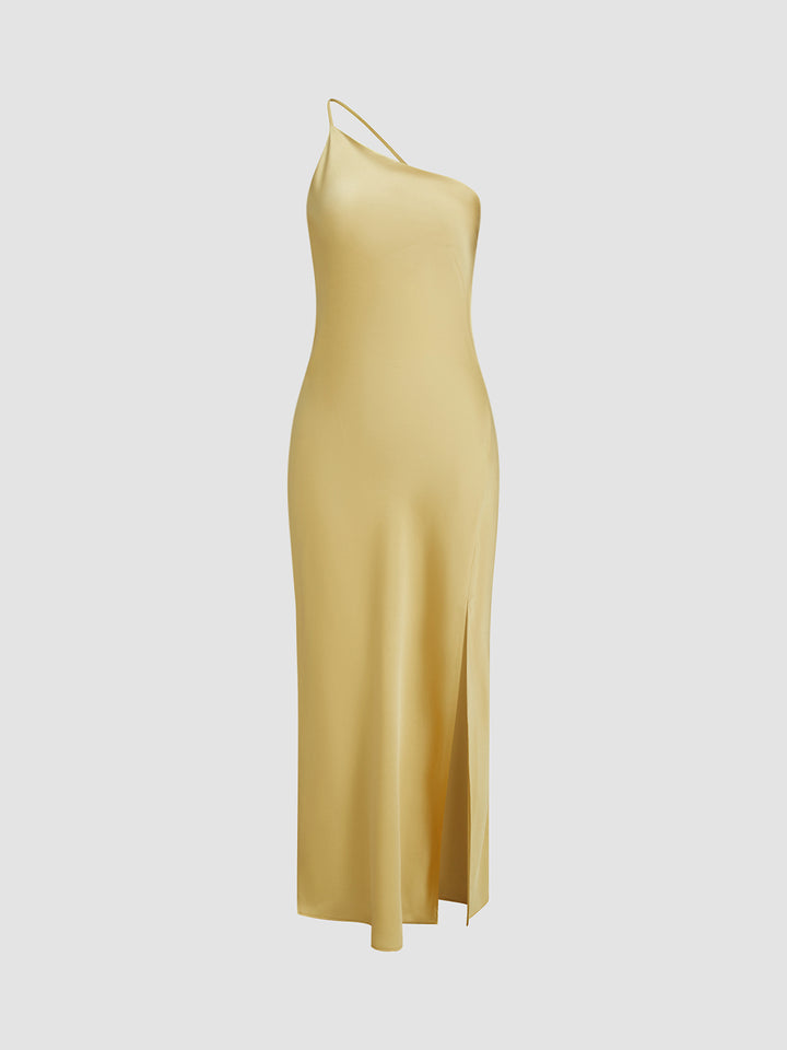 Moonlight Open Back Satin Slit Long Dress for Holiday Wedding Guest - Yellow - L