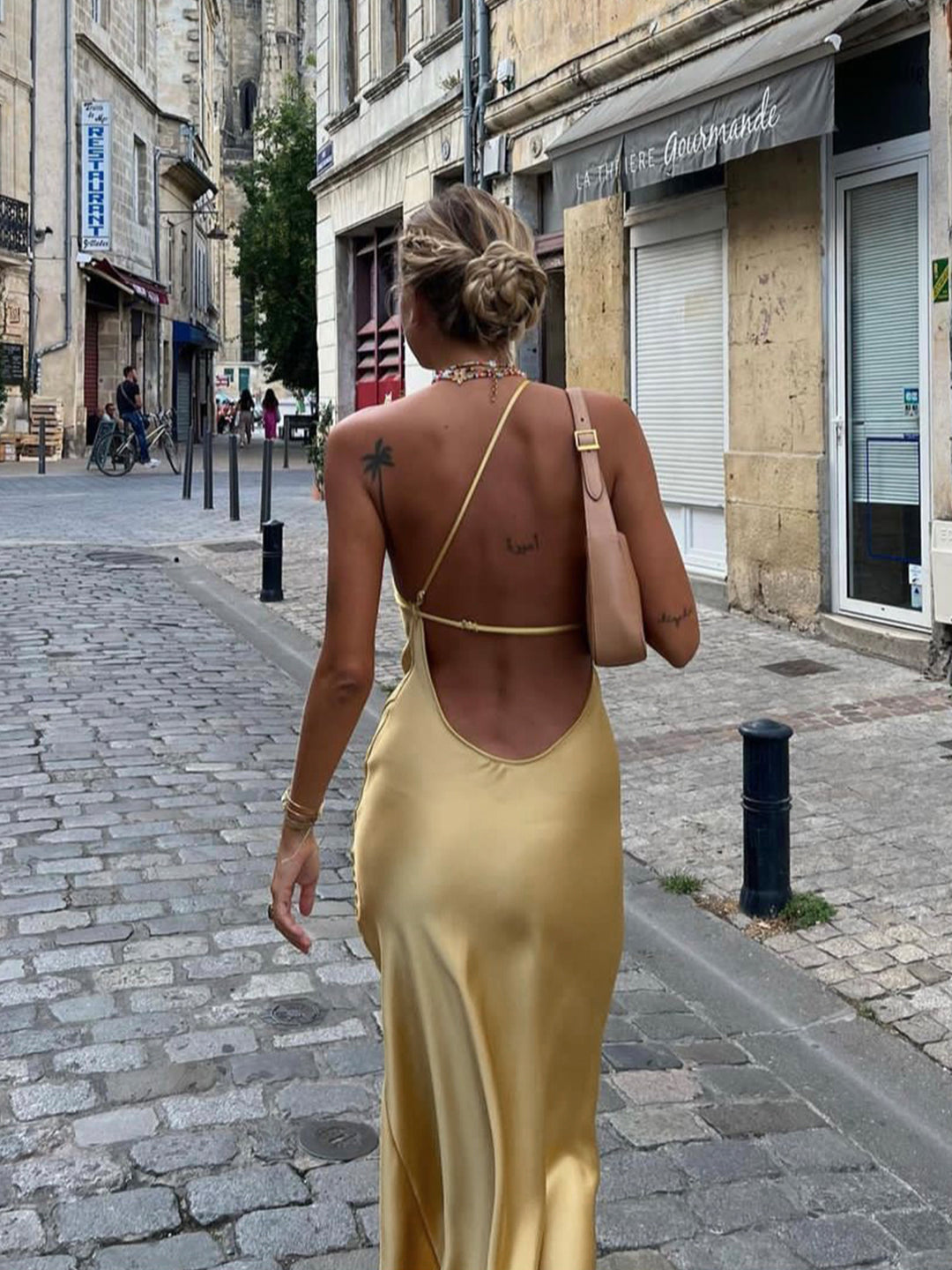 strapless open back dress YELLOW SILK OPEN BACK SHOULDER DRESS FRANKIS - BANGKOK CLOTHING STORE -  HANDMADE CLOTHING main image 0