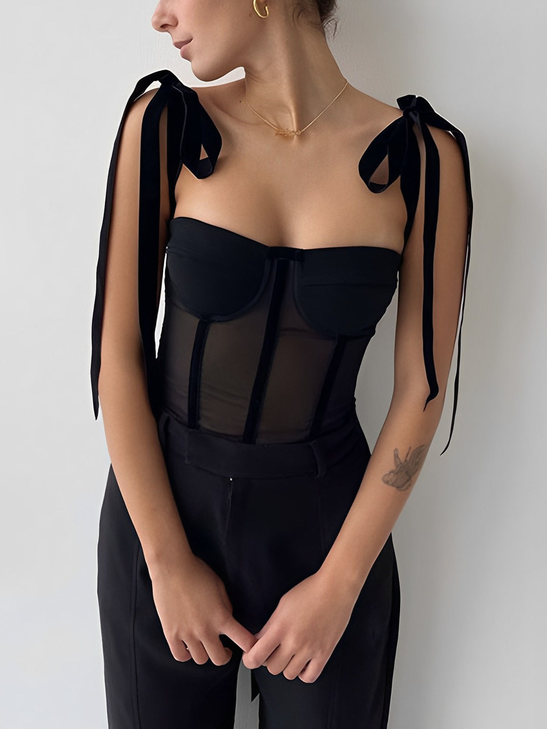 Semi-Sheer Tied Mesh Cami Crop Top | COMMENSE