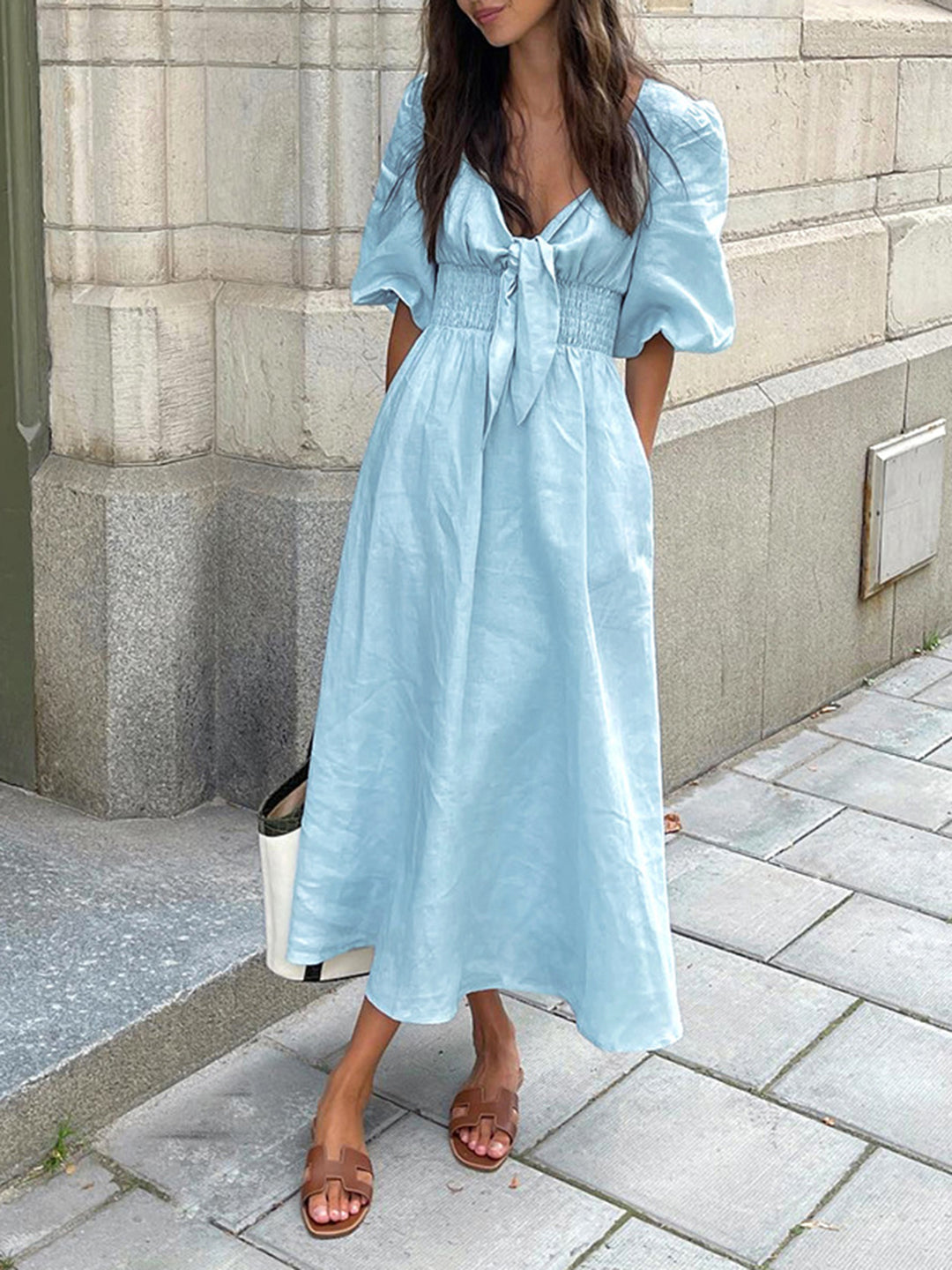 midi cotton linen dresses Linen Cotton Front Tie Midi Dress