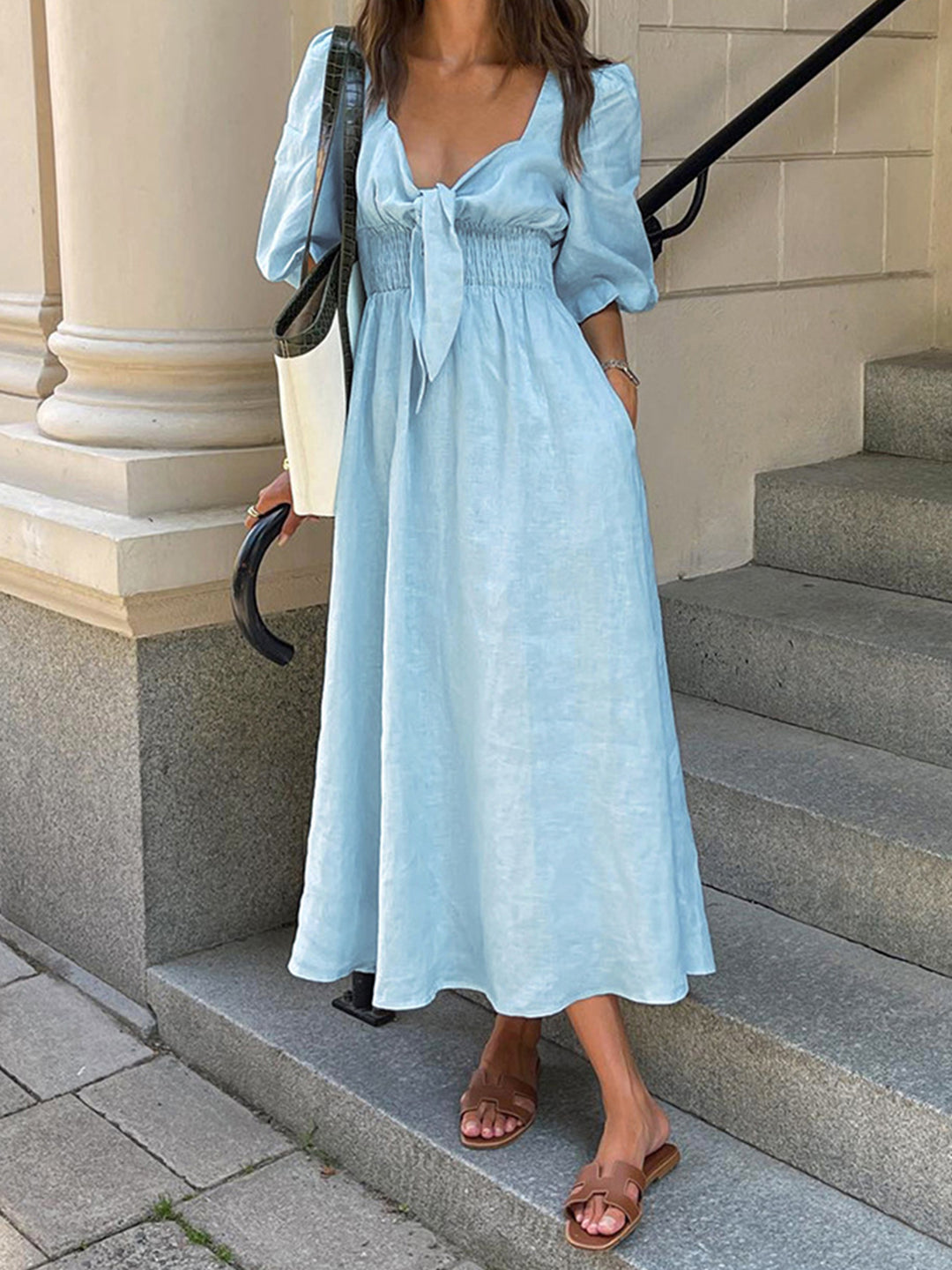 white christmas dresses Linen Cotton Front Tie Midi Dress - Blue