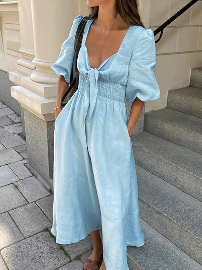Linen Cotton Front Tie Midi Dress | COMMENSE Linen Cotton Front Tie Midi Dress | COMMENSE