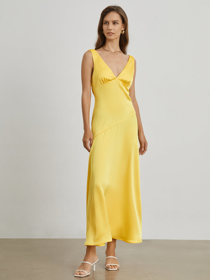 commense yellow satin dress Semi-Sheer Satin Asymmetrical One Shoulder Long Dress