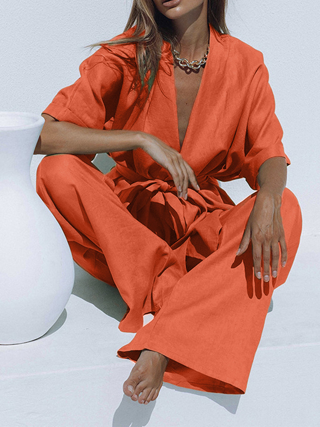 Oversized Linen Tied Two Piece Pants Set | COMMENSE