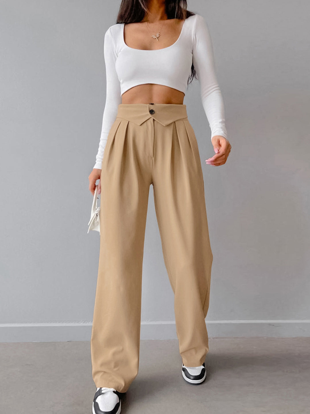 Street Fold Over Waistband Straight Leg Dress Pants | COMMENSE
