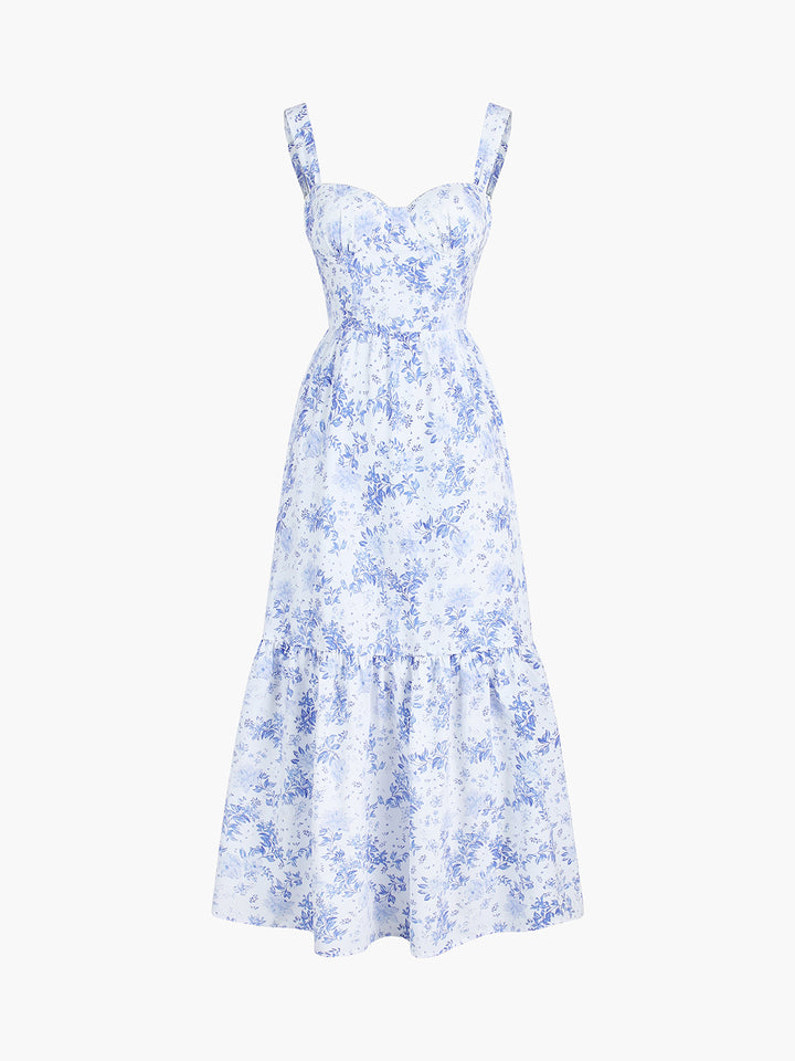 fitted lace wedding dress Romantic Elia Floral Blue Print Midi Sundress For Spring Outing Date - Blue - S