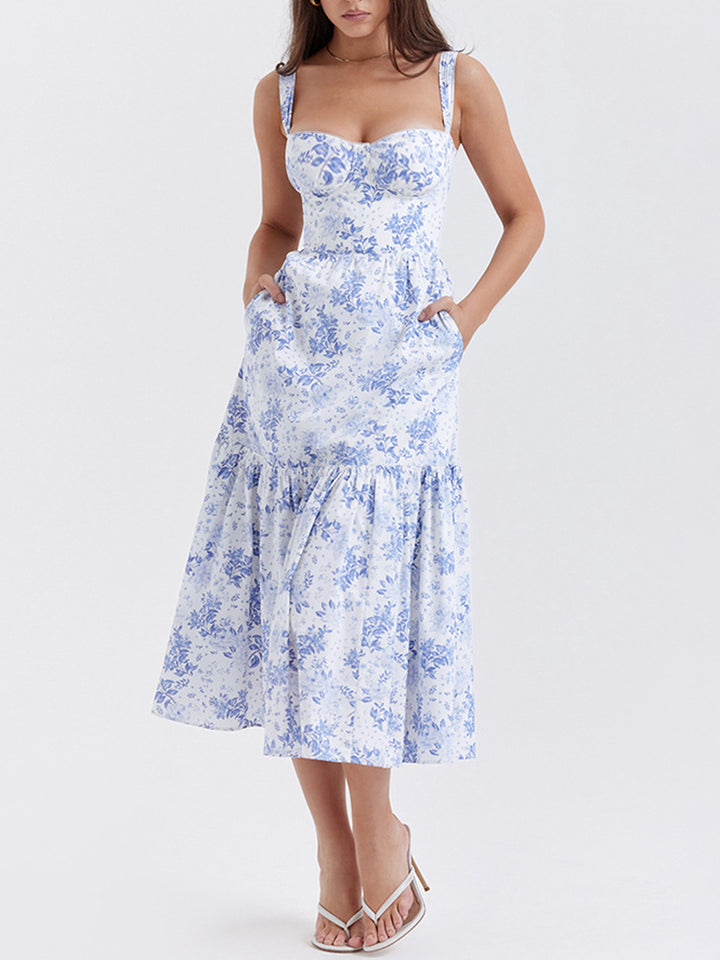 Romantic Elia Floral Blue Print Midi Sundress For Spring Outing Date - Blue - S - Commense