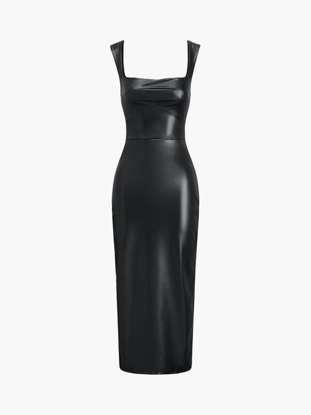 leatherette bodycon dress Faux Leather Midi Narella | BLUE Chiffon Structured faux leather bodycon Marlene Size:16 Medium