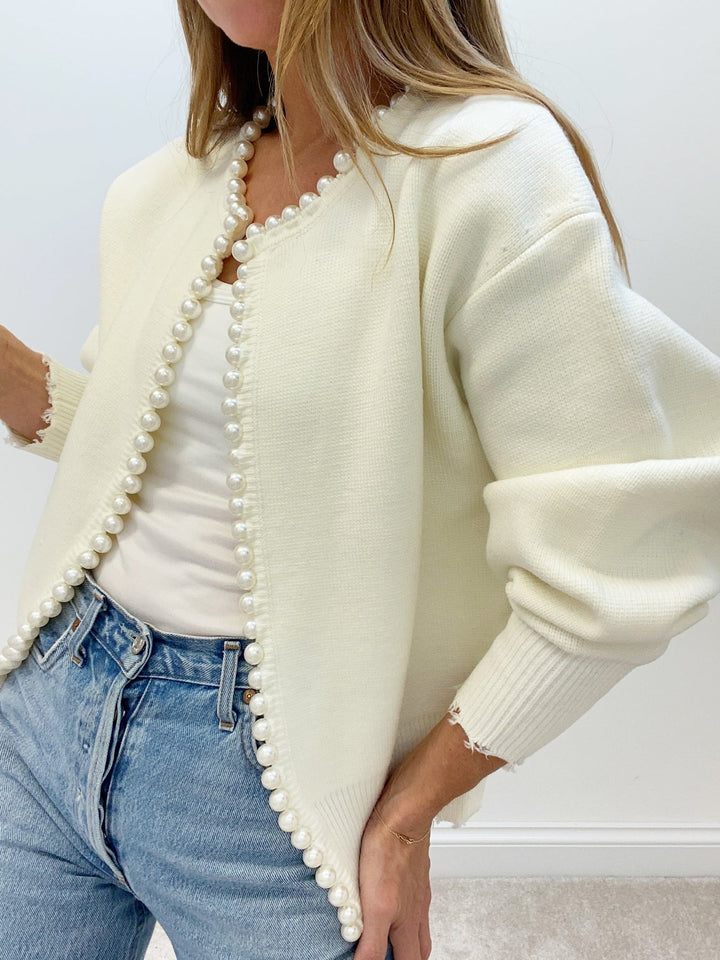 Pearl Trim Ripped Hem Cardigan | COMMENSE