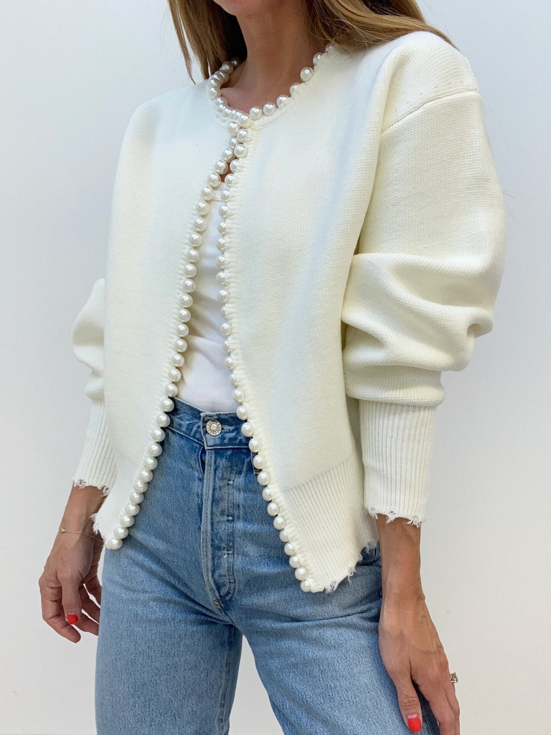 Commense Pearl Trim Ripped Hem Cardigan