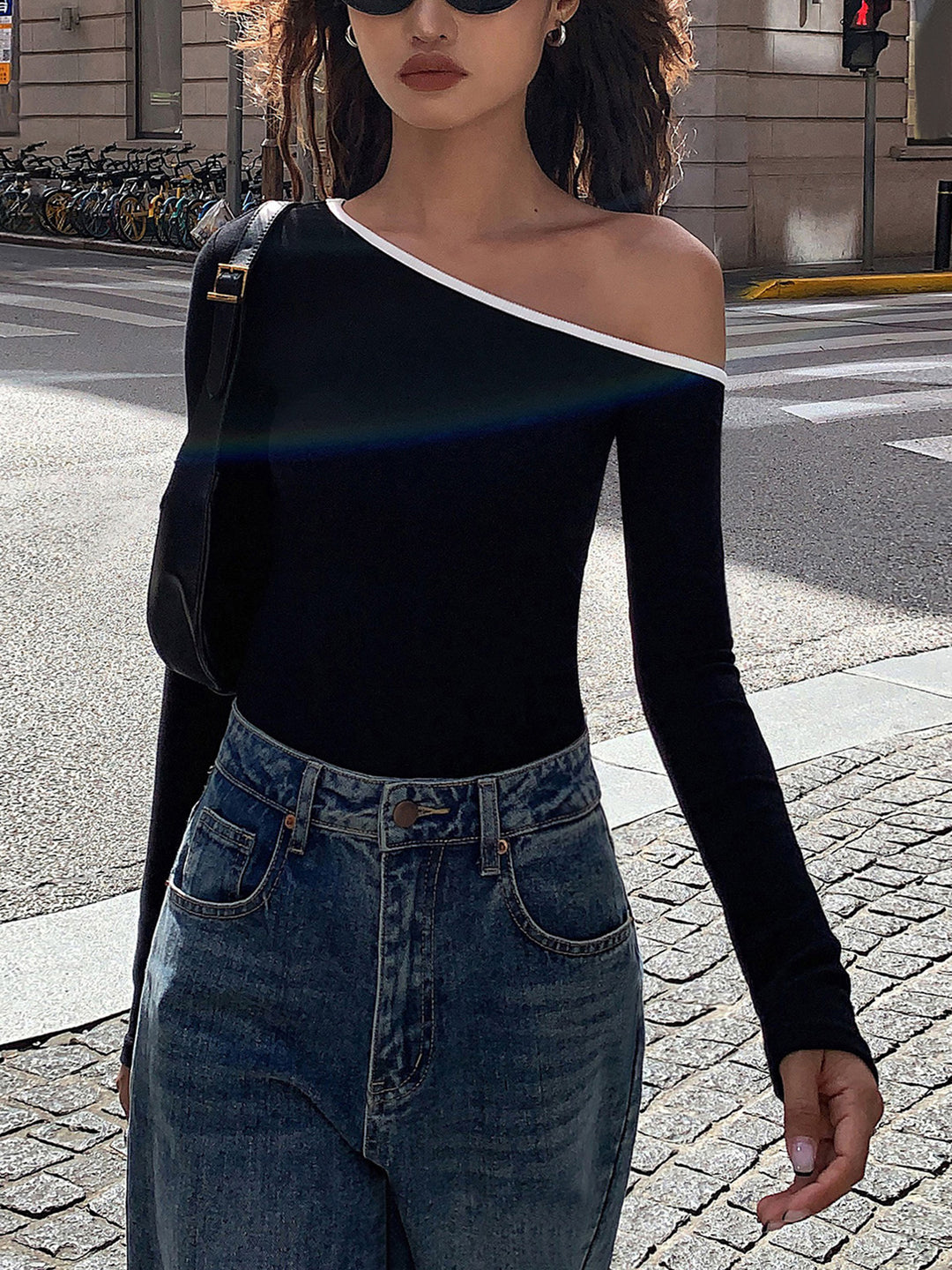 Contrast Trim Off Shoulder Long Sleeve Shirt | COMMENSE