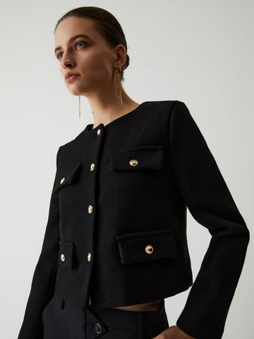 Contrast Cuff Pearl Button Tweed Jacket