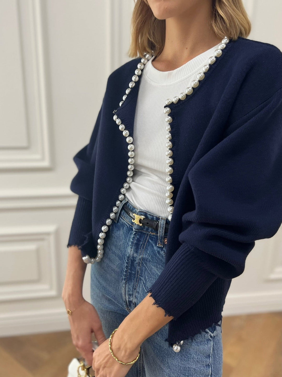 Pearl Trim Ripped Hem Cardigan – COMMENSE