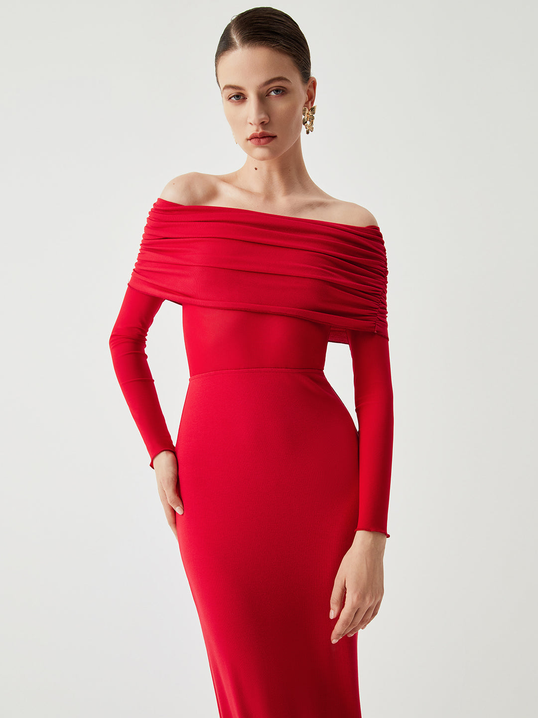 commense off shoulder dress Semi-sheer off-shoulder mesh long sleeve long dress - Red