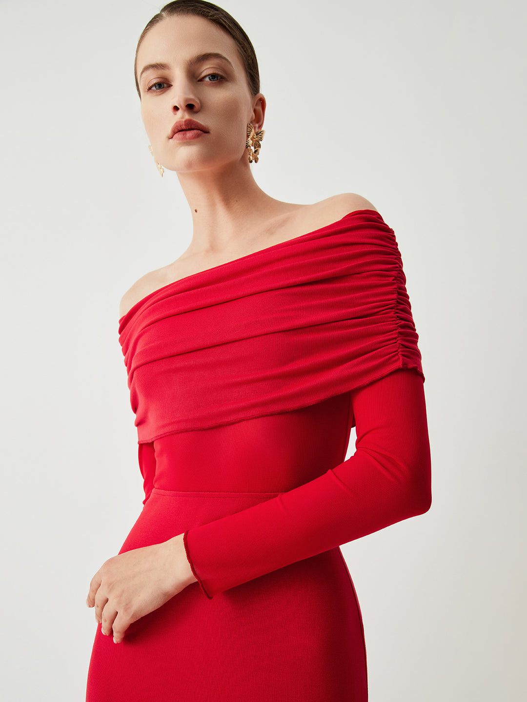 Semi-sheer off-shoulder mesh long sleeve long dress - Red - XL Semi-sheer off-shoulder mesh long sleeve long dress - Red - XL