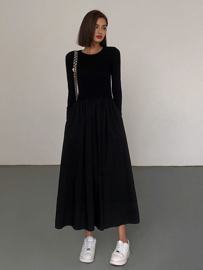 Leisure pockets long sleeve long dress - Black