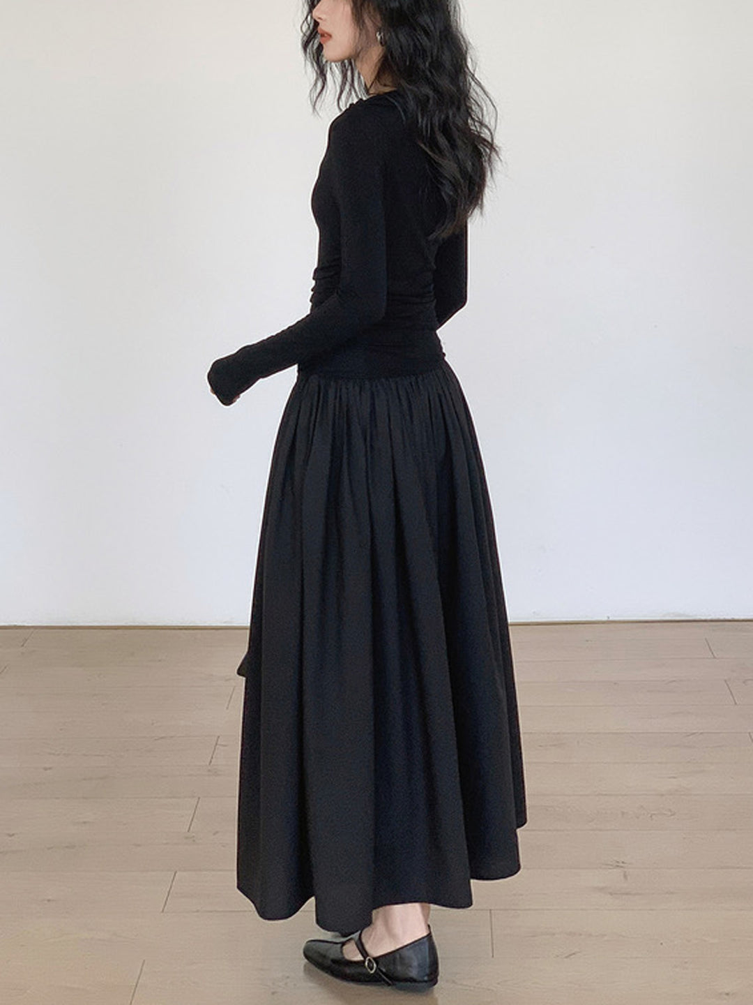 Pleated Patchwork Knit Long Sleeve Midi Dress – COMMENSE