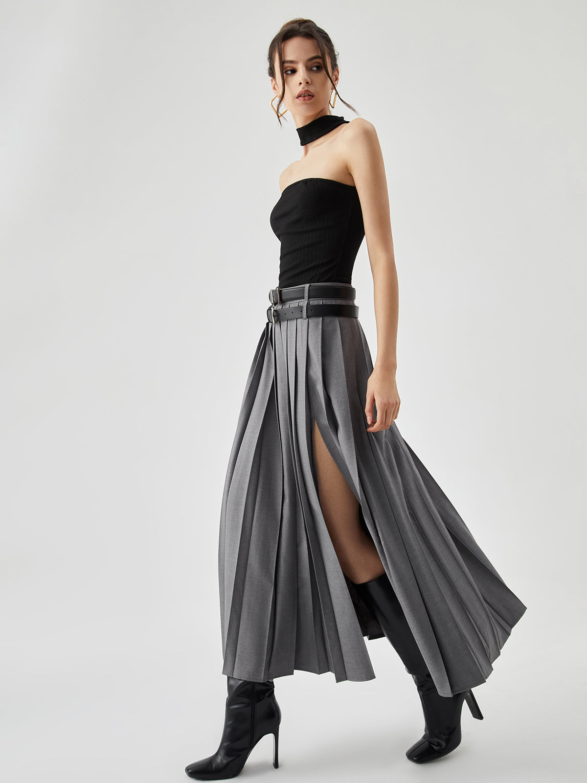Pleated Split Maxi Skirt Without Belt Pleated Split Maxi Skirt Without Belt