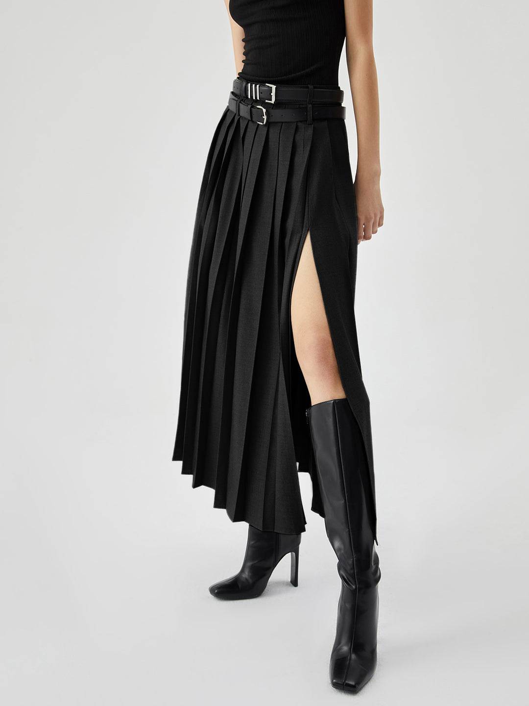 Pleated Split Maxi Skirt Without Belt | COMMENSE