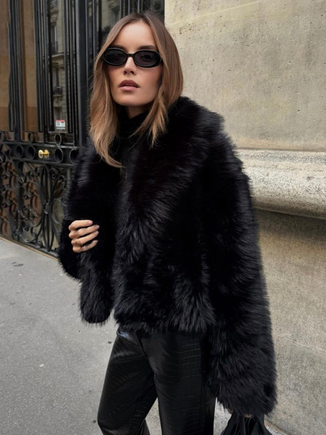Solid Faux Fur Collar Jacket | COMMENSE
