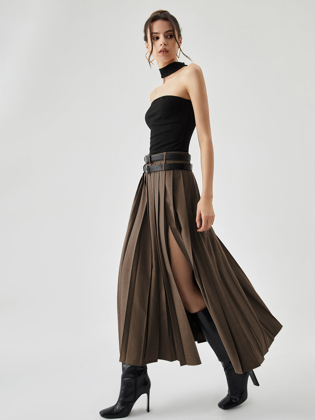 Faux skirt pleated trousers スラックス Pleated Split Maxi Skirt Without Belt – COMMENSE