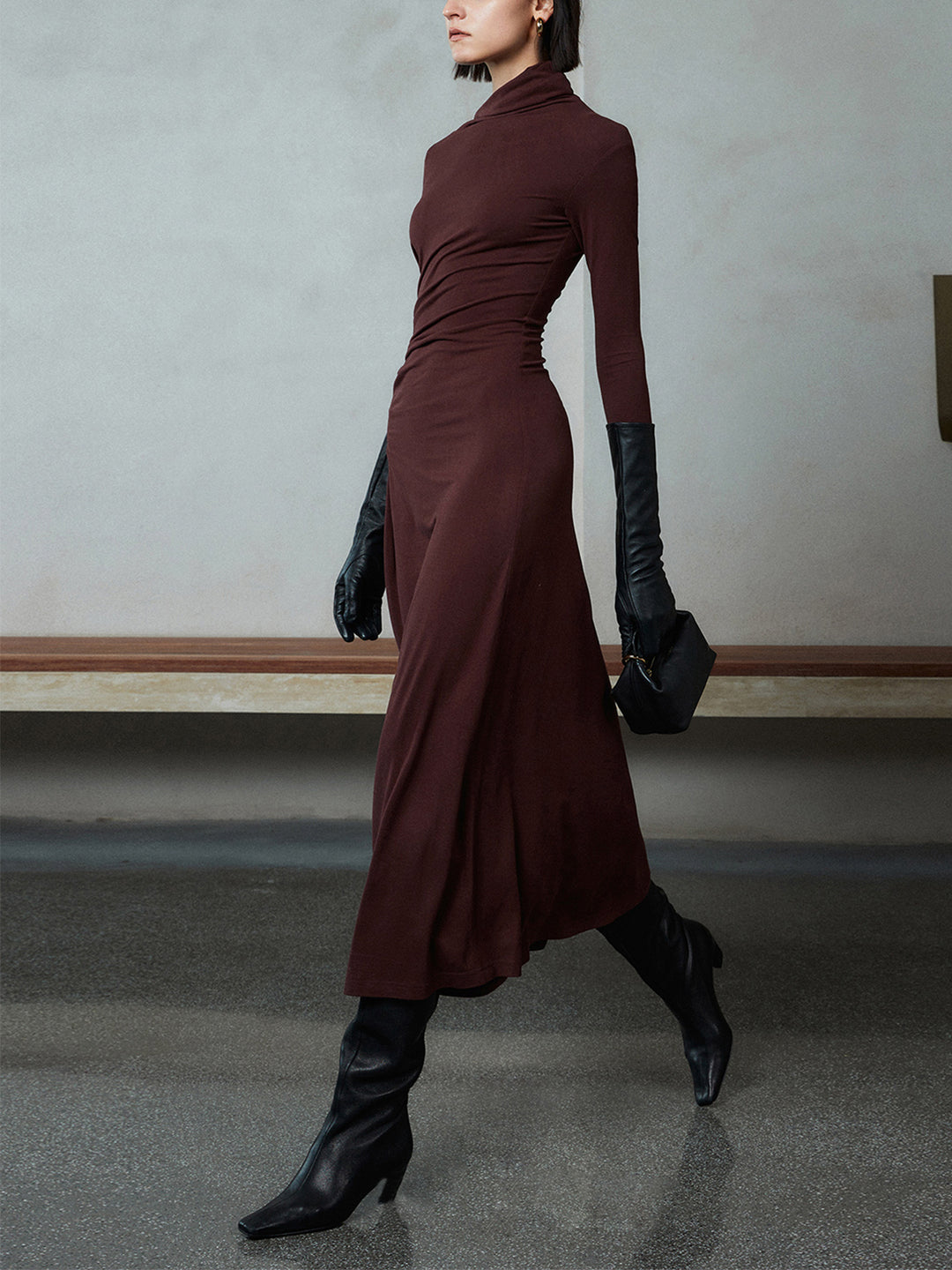 asymmetric bodycon dress long sleeves Bodycon Asymmetrical Neck Long Sleeve Ruched Maxi Dress