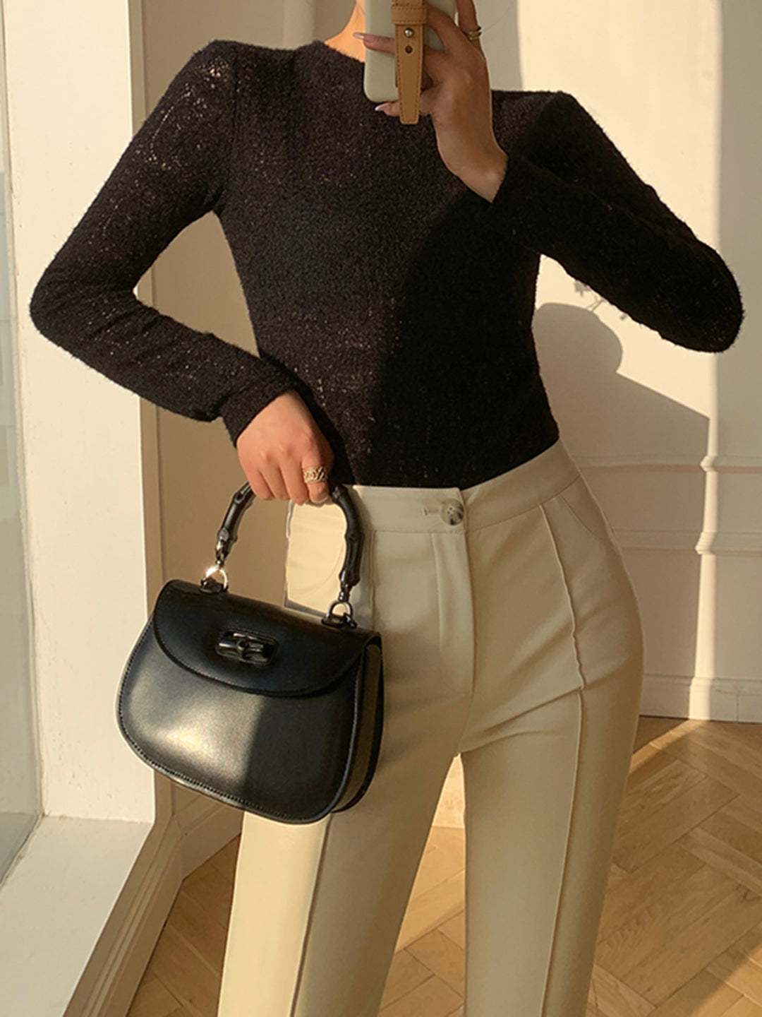 Floral Hollow Knit Crew Neck Long Sleeve Top – COMMENSE