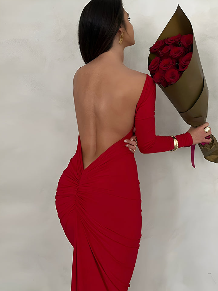 long sleeve maxi dress open back Ruched Open Back Long Sleeve Maxi Dress