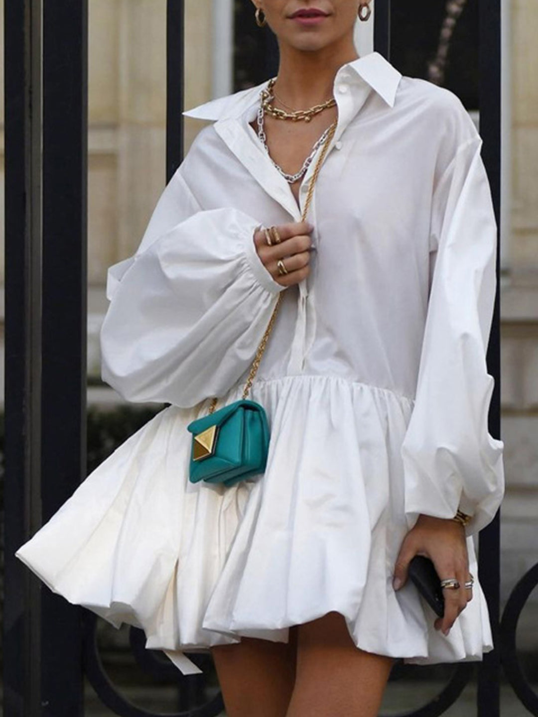 chinese dress ladies Pleated Long Sleeve Button Up Collar Mini Dress - White