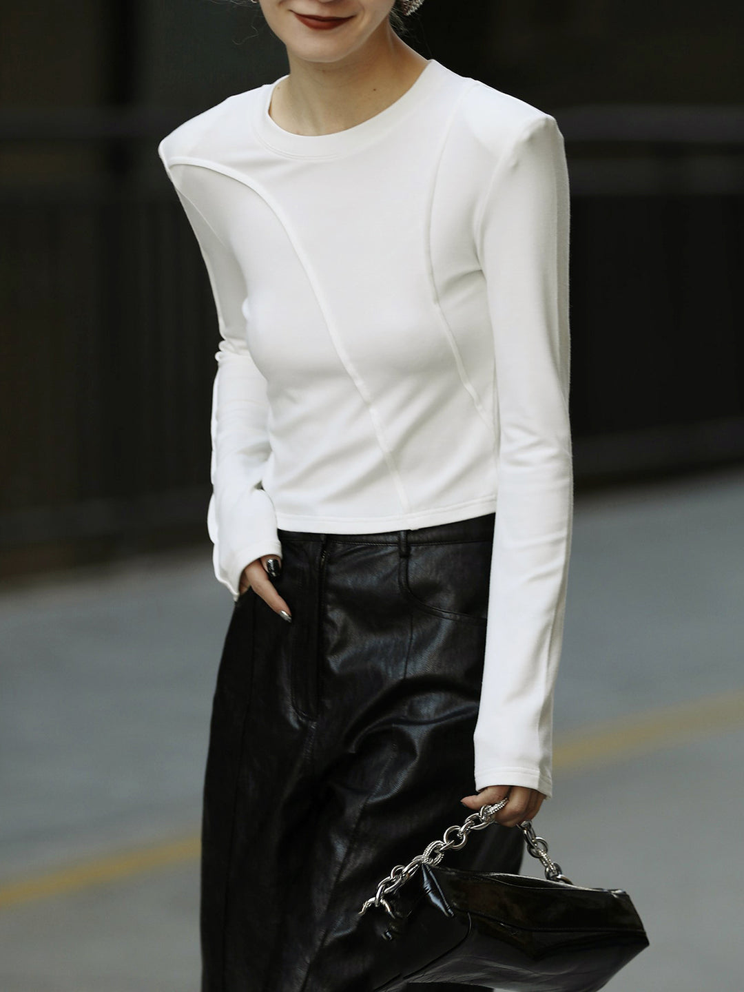 Shoulder Pads Long Sleeve Crew Neck Top – COMMENSE