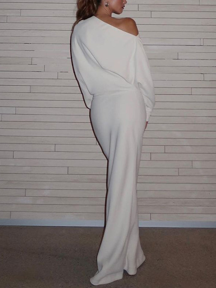 commense asymmetrical one shoulder gradient long dress Asymmetric one-shoulder split slim knit long dress - Dark Brown