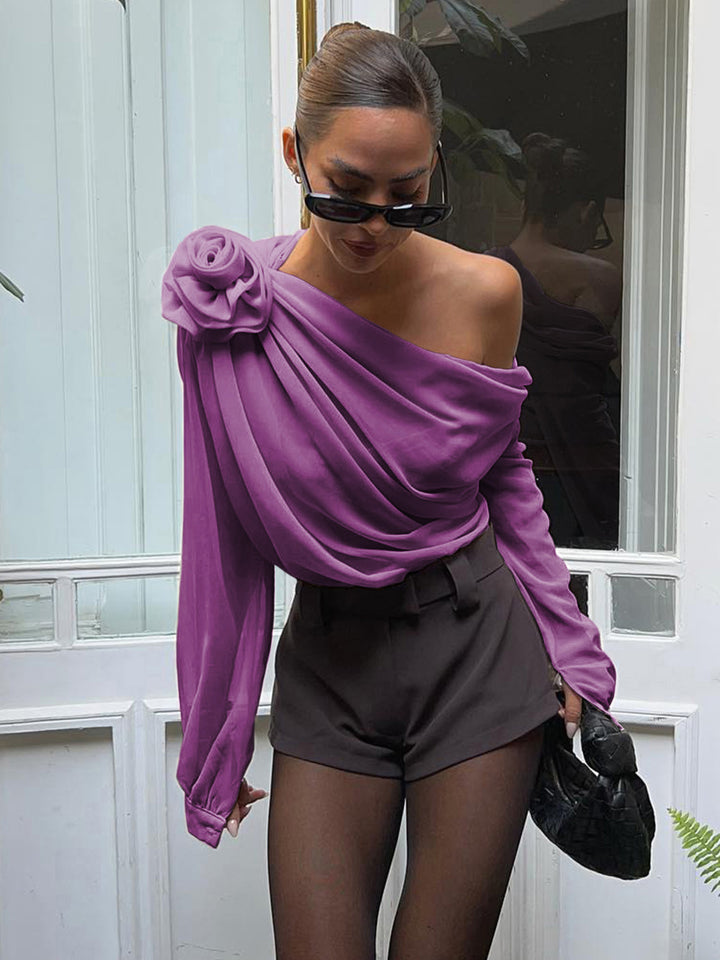 Chiffon Semi-Sheer One Shoulder Asymmetrical Blouse | COMMENSE