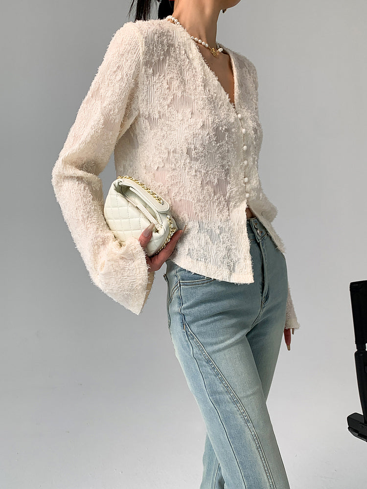Semi-Sheer V-Neck Ruffle Long Sleeve Blouse | COMMENSE