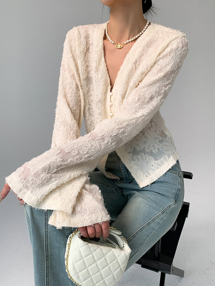 Semi-Sheer V-Neck Ruffle Long Sleeve Blouse – COMMENSE