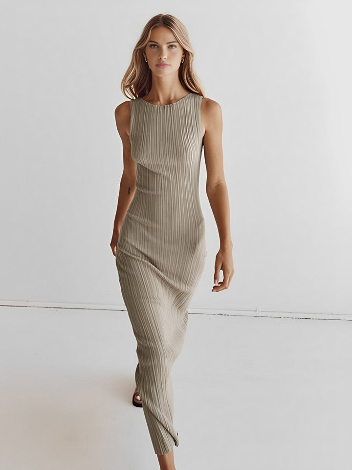 Ribbed sleeveless knit long dress - Khaki - L Ribbed sleeveless knit long dress - Khaki - L