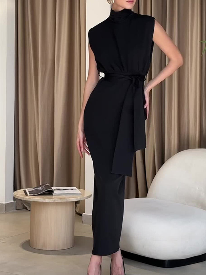 Solid Slit Belted Turtleneck Long Dress Solid Slit Belted Turtleneck Long Dress