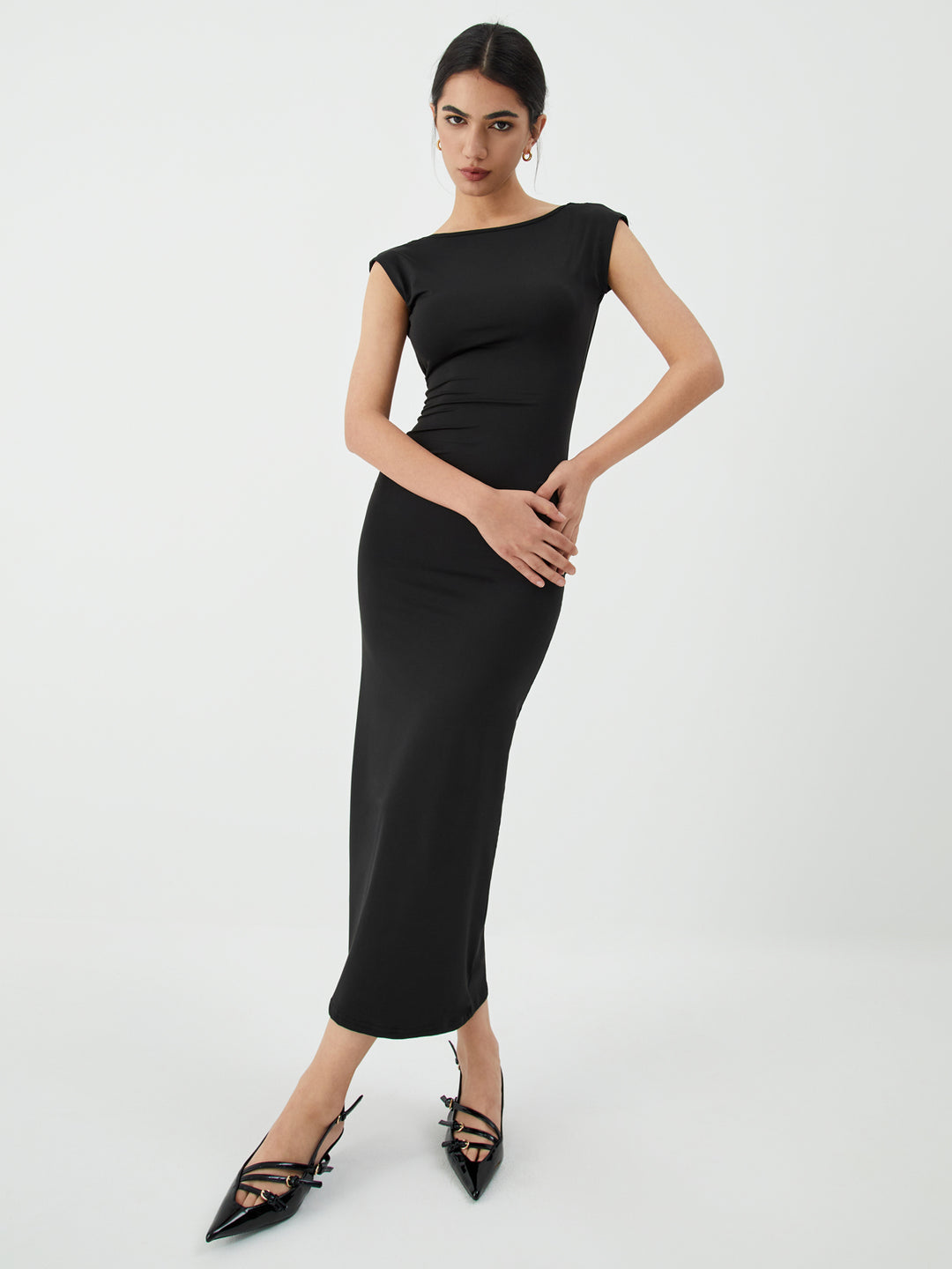 Solid Backless Midi Dress - Black - M