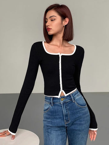 Contrast Round Neck Short Sleeve Knit Top