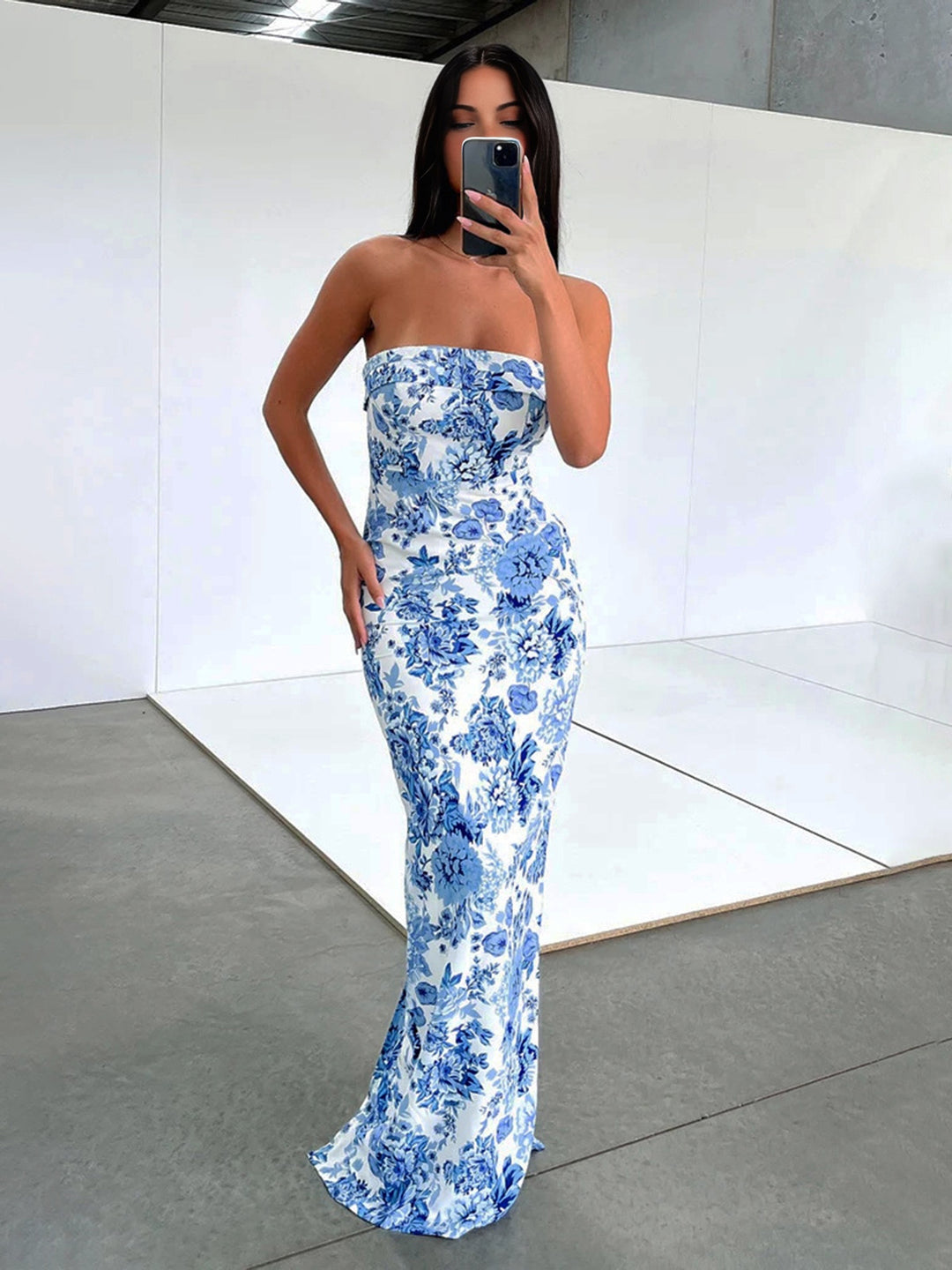 open lace back dress Semi-Sheer Strapless Ruched Maxi Dress main image 0